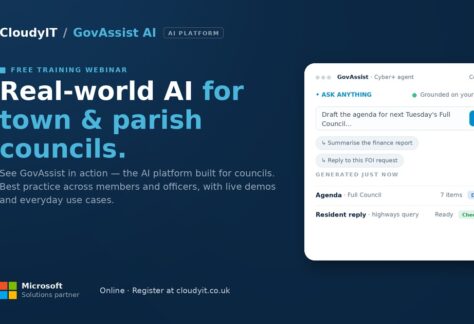 Promotional graphic for a free CloudyIT GovAssist AI webinar titled "Real-world AI for town & parish councils." It features a live demonstration dashboard showing AI prompt capabilities for council tasks, such as drafting agendas and replying to FOI requests, and directs viewers to register online at cloudyit.co.uk.