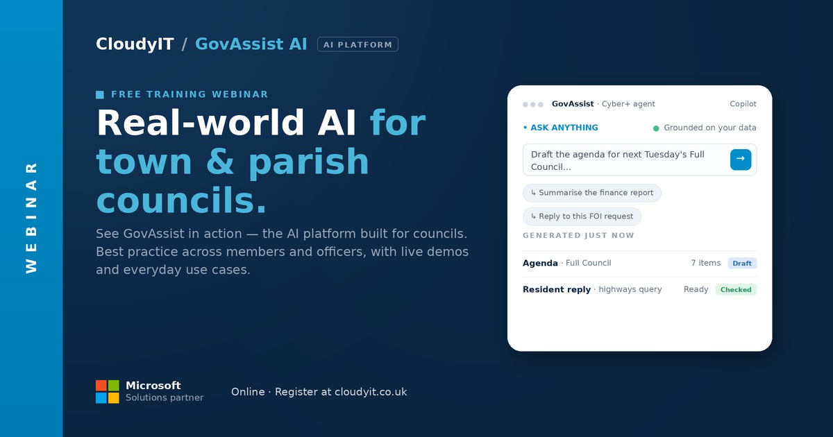 Promotional graphic for a free CloudyIT GovAssist AI webinar titled "Real-world AI for town & parish councils." It features a live demonstration dashboard showing AI prompt capabilities for council tasks, such as drafting agendas and replying to FOI requests, and directs viewers to register online at cloudyit.co.uk.