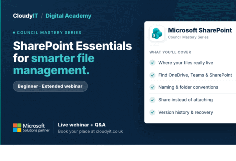 Promotional graphic for a CloudyIT Digital Academy beginner live webinar titled "Teams Essentials for everyday communication." It lists Microsoft Teams topics covered—such as chat, mentions, running meetings, file locations, and notifications—and directs viewers to book at cloudyit.co.uk.