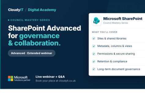 CloudyIT Digital Academy training banner for a "SharePoint Advanced for governance & collaboration" extended webinar. It lists covered topics including sites, metadata, permissions, retention, and long-term document governance, with an invitation to book a place at cloudyit.co.uk.