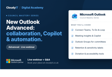 Promotional graphic for a CloudyIT Digital Academy advanced live webinar titled "New Outlook Advanced: collaboration, Copilot & automation." It lists Microsoft Outlook topics covered—such as connecting Teams, To Do & Loop, using Meeting Insights & Copilot, and exploring accessibility tools—and directs viewers to book at cloudyit.co.uk.