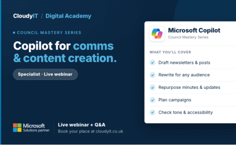 Promotional graphic for a CloudyIT Digital Academy specialist live webinar titled "Copilot for comms & content creation." It lists Microsoft Copilot topics covered—such as drafting newsletters, repurposing minutes, planning campaigns, and checking tone and accessibility—and directs viewers to book at cloudyit.co.uk.