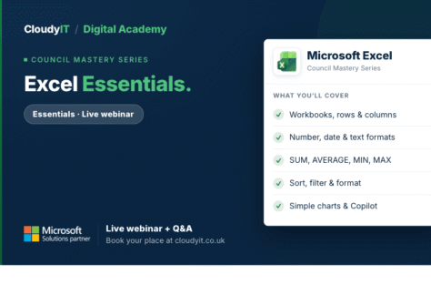 CloudyIT Digital Academy training banner for an "Excel Essentials" live webinar. It lists covered topics including workbooks, formatting, basic formulas (SUM, AVERAGE, MIN, MAX), sorting and filtering, and simple charts with Copilot, with an invitation to book a place at cloudyit.co.uk.