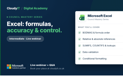 Promotional graphic for a CloudyIT Digital Academy intermediate live webinar titled "Excel: formulas, accuracy & control." It lists Microsoft Excel topics covered—such as BODMAS, relative & absolute references, SUMIFS, and conditional formatting—and directs viewers to book at cloudyit.co.uk.