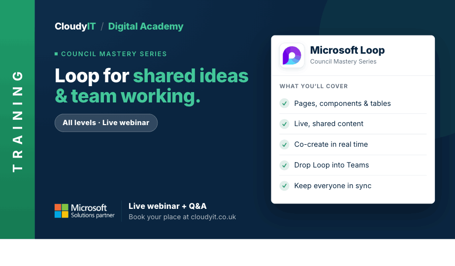 Promotional graphic for a CloudyIT Digital Academy live webinar on Microsoft Loop, titled "Loop for shared ideas & team working." It lists topics covered, including real-time co-creation and integration with Teams, and directs viewers to book at cloudyit.co.uk