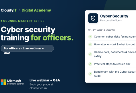 Promotional graphic for a CloudyIT Digital Academy live webinar titled "Cyber security training for officers." It lists topics covered—such as common cyber risks, spotting attacks, safe data handling, and benchmarking with an audit—and directs viewers to book at cloudyit.co.uk.