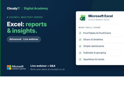 Promotional graphic for a CloudyIT Digital Academy advanced live webinar titled "Excel: reports & insights." It lists Microsoft Excel topics covered—such as PivotTables, slicers, simple dashboards, grouping, and sparklines—and directs viewers to book at cloudyit.co.uk.